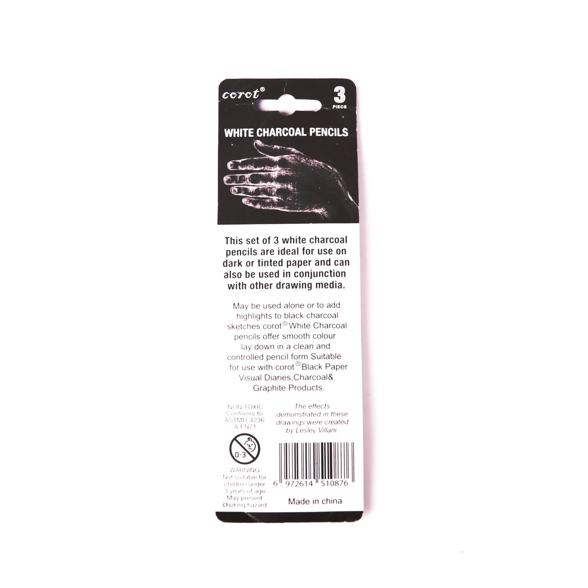 White charcoal pencil highlighting pen with wooden shell showing three pencils in packaging