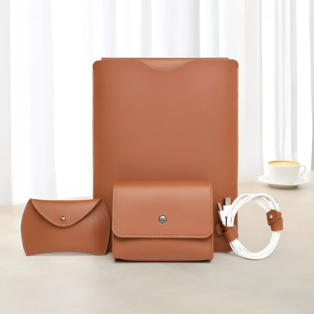 Four-piece set of brown imitation leather lock edge laptop liner bags for MacBook protection.