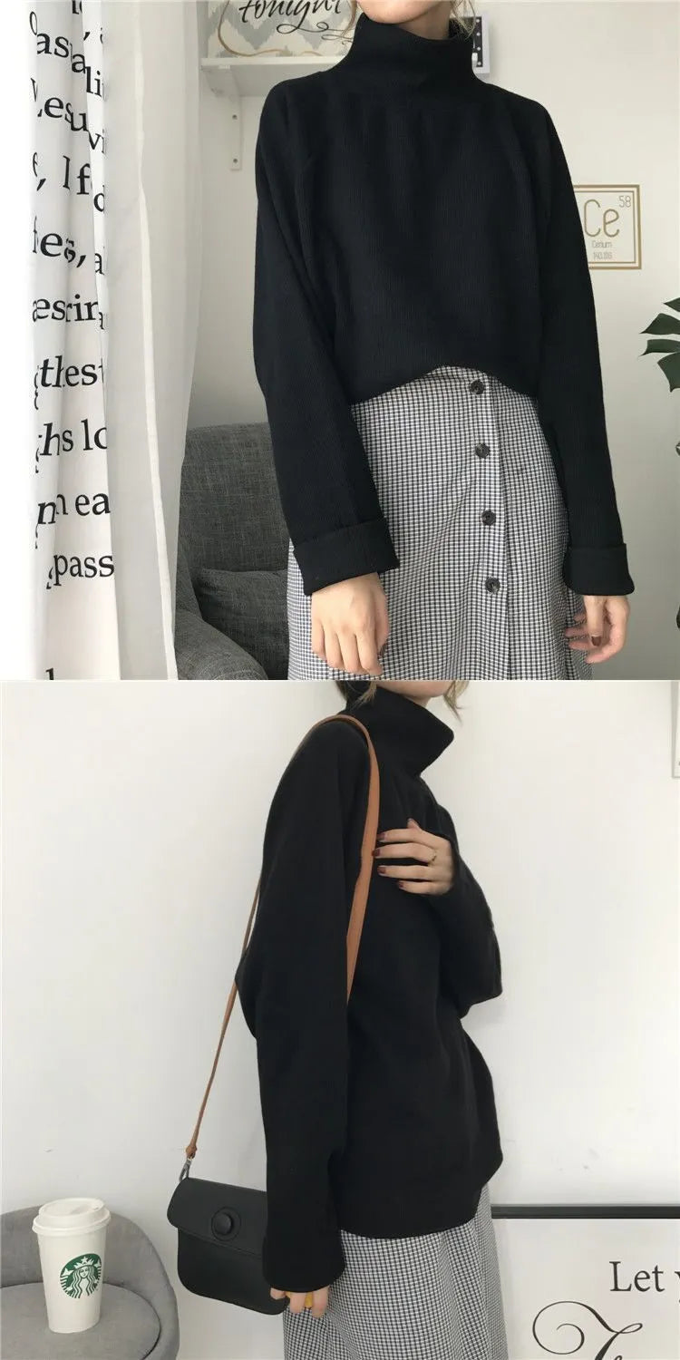 Women's half-high collar long sleeve loose top in solid colour on a hanger