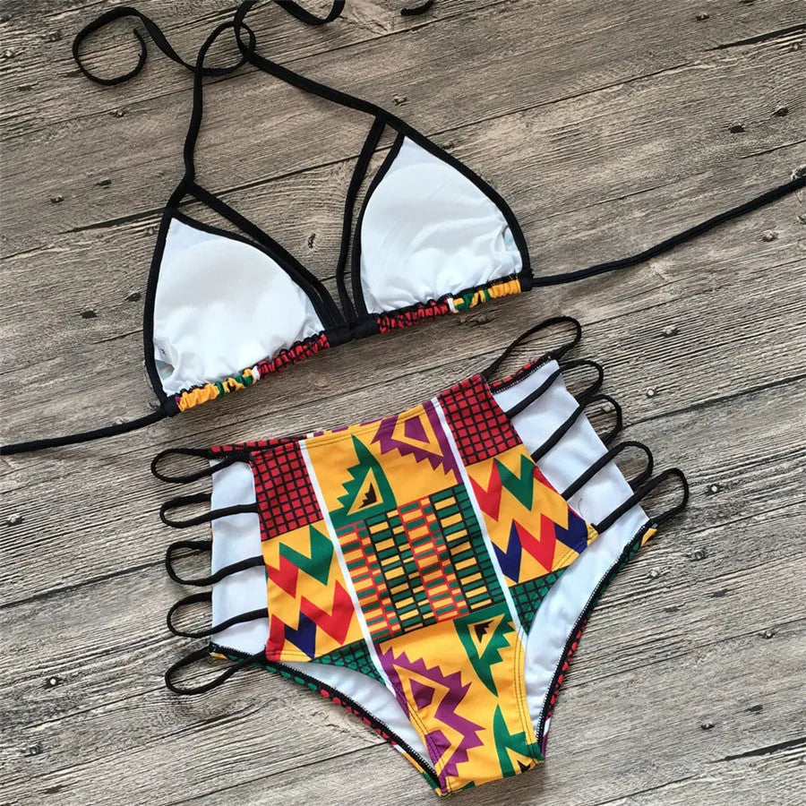 Women's digital print bikini swimsuit with high-waist briefs and backless design in quick-dry fabric