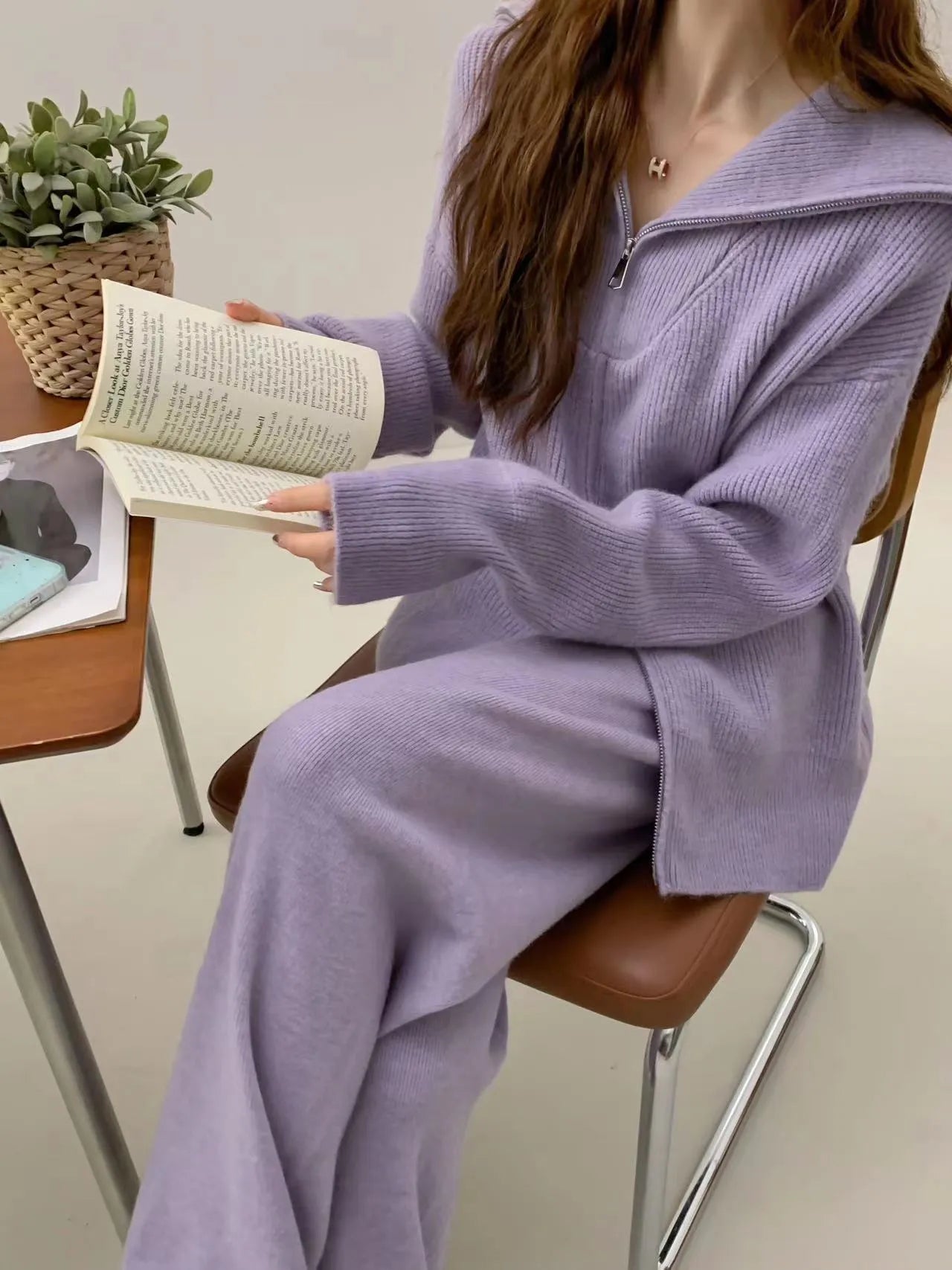 Women's knitted zipper cardigan and wide leg trousers two-piece set in solid colours
