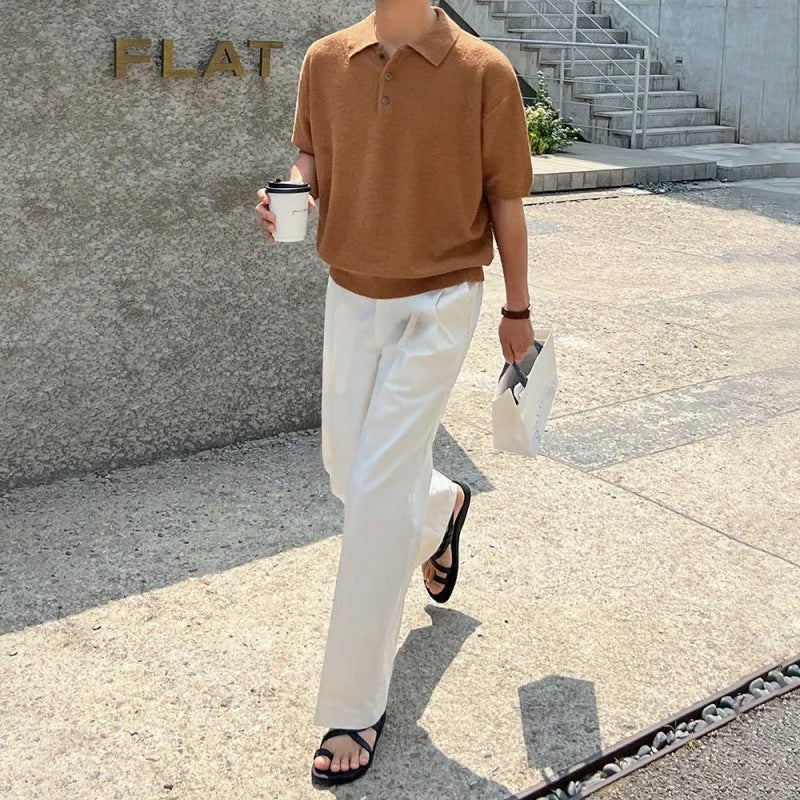 Men's caramel coloured retro knitted polo shirt with asymmetric design detail and short sleeves