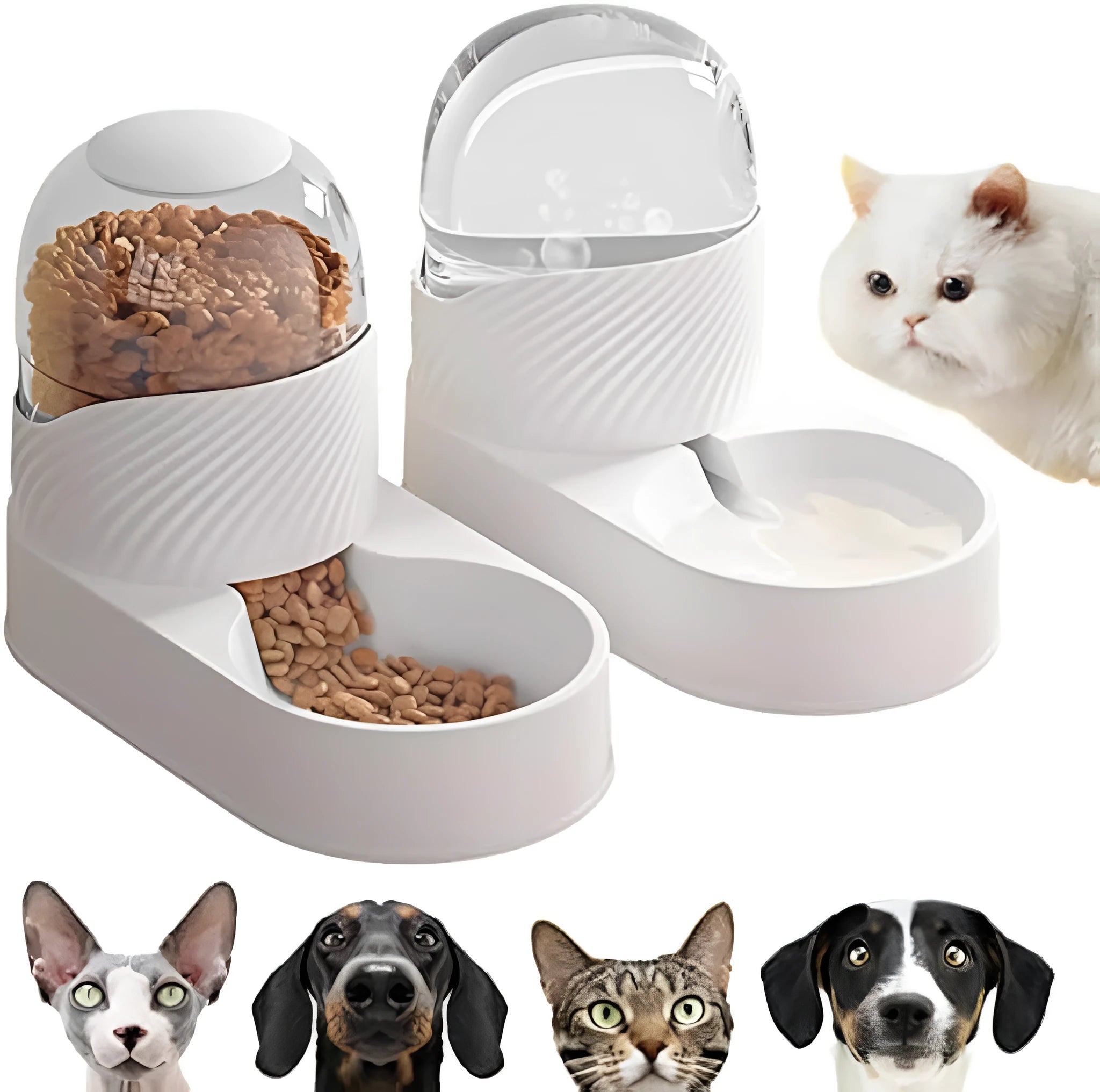 White plastic cat feeder and water dispenser set with wave-shaped design, two 2-litre units.
