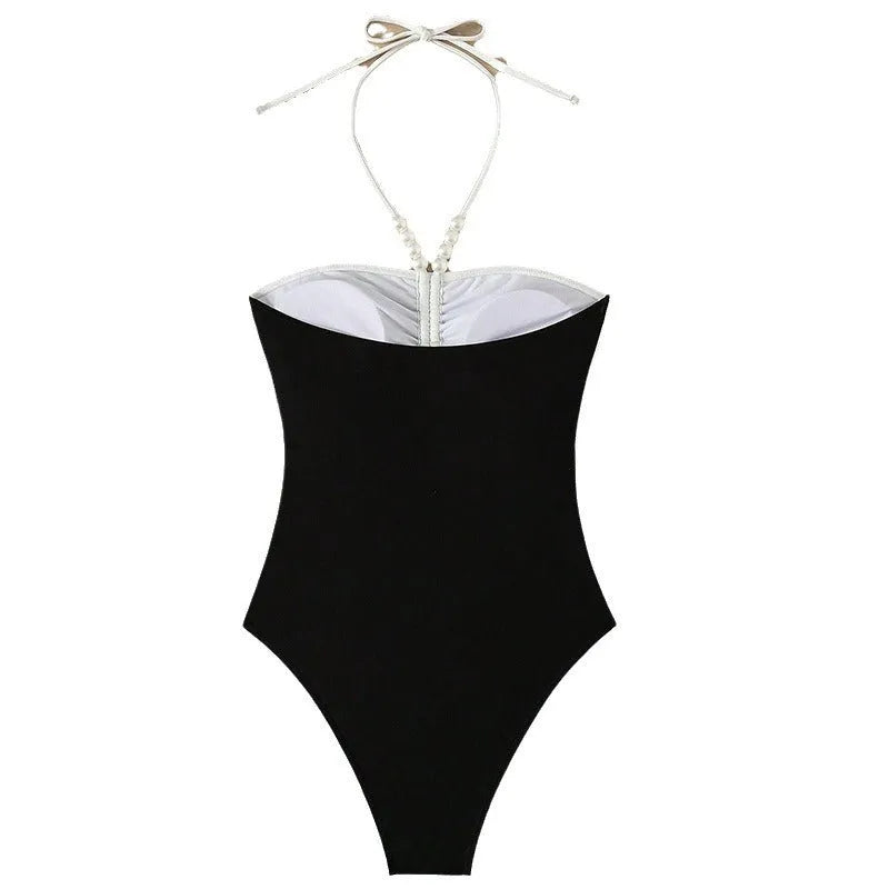 Pearl spaghetti straps one-piece swimsuit for women in black and white, slimming design