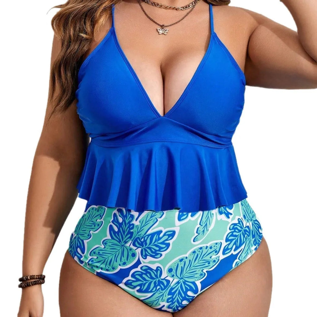 Blue polyester fibre bikini suit with brief-style shorts, sizes 0XL-4XL.
