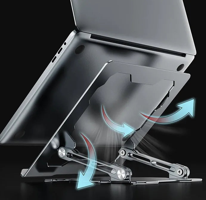 Grey aluminum laptop stand showing adjustable angle mechanism and folding design
