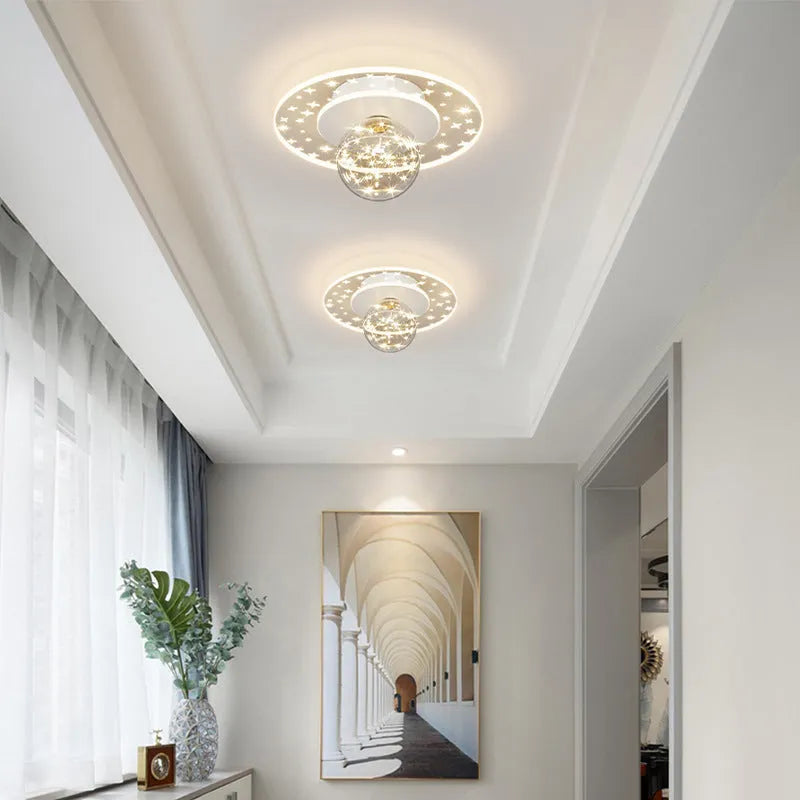 Modern simplicity LED ceiling lamp with three colour modes, available in gold finish, installed in a hallway