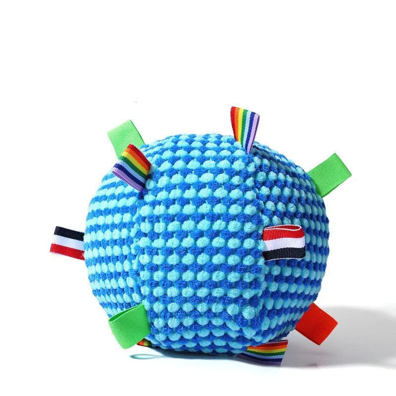 Blue and yellow vocal dog ball toy with pineapple lattice design and molar texture, 17cm diameter