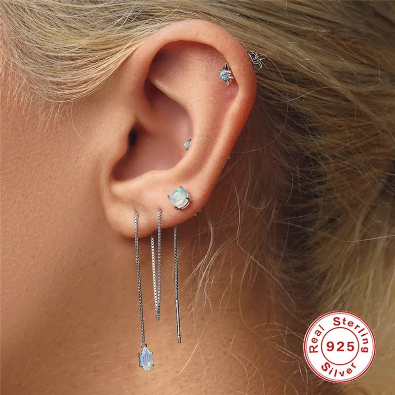 Gold electroplated S925 silver octagonal stud earrings with diamond and opal style eight Awn star motif