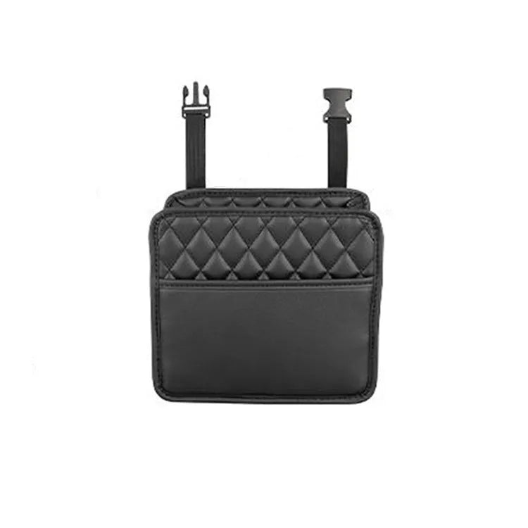Leather hanging car storage bag and trash can in black, shown mounted behind a car seat
