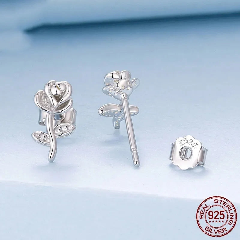 Three-dimensional rose stud earrings in S925 sterling silver, colour BSE1246, fairy style floral design