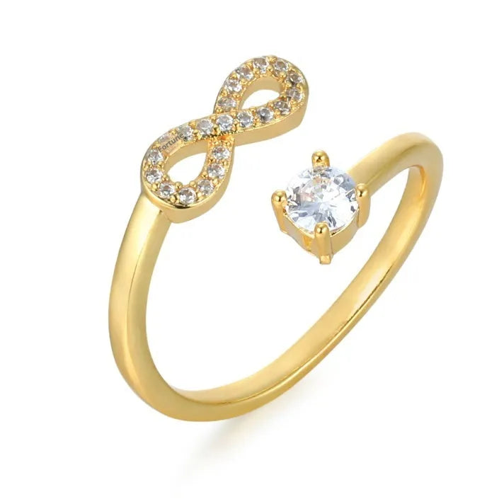 Geometric open design zircon ring with letter personalisation in gold, rose gold, or silver metal