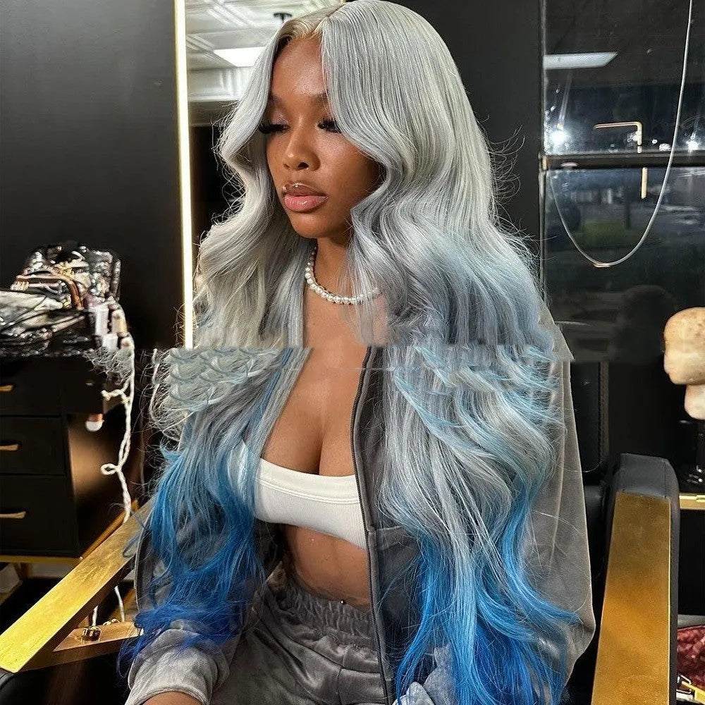 Grey blue gradient lace front human hair wig with natural-looking hairline