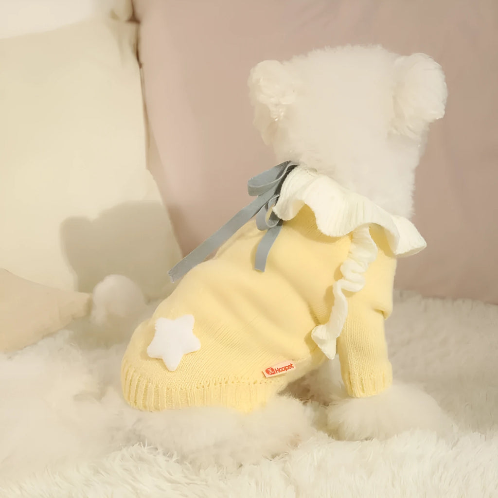 Autumn pet puppy sweater in acrylic knit with fairy dress style on small dog