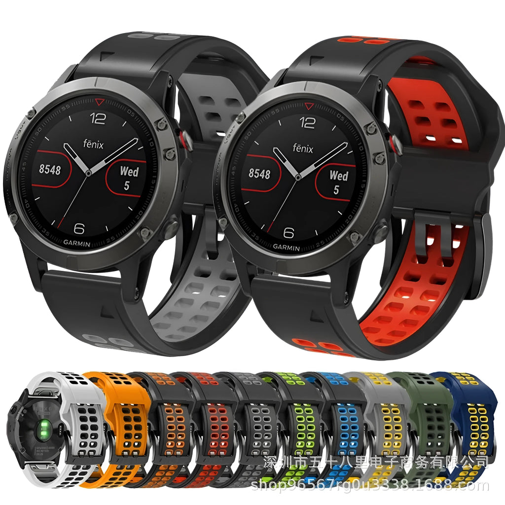 Quick release double-row hole two-colour silicone watch strap with pin buckle clasp.