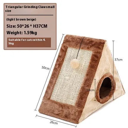 Triangular cat bed with integrated sisal scratching surface in grey and white colour option
