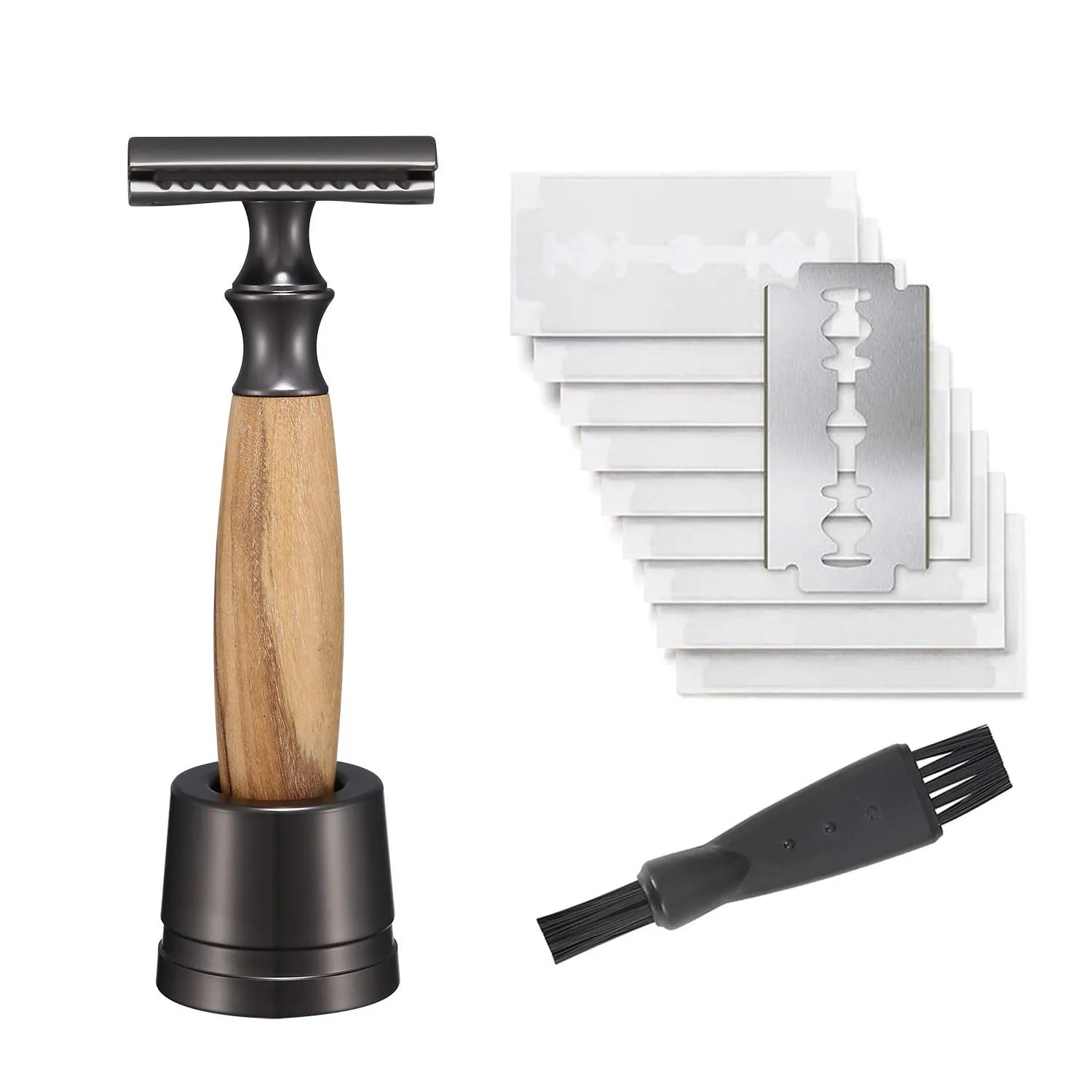 Men's copper manual old-fashioned metal shaving razor with olive wood handle and aluminium alloy knife holder