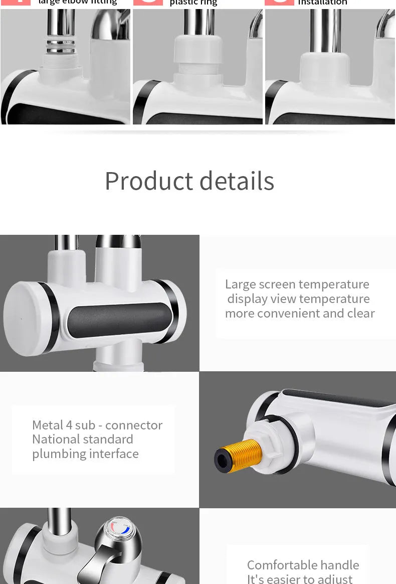 White electric water heater tap with digital temperature display showing temperature reading