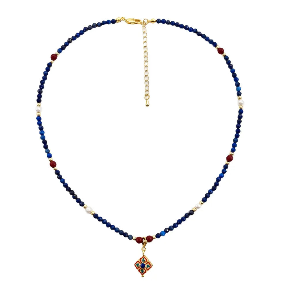 Natural lapis lazuli pendant necklace with copper setting on ball bead chain, adjustable 41-50cm, handmade women's jewellery