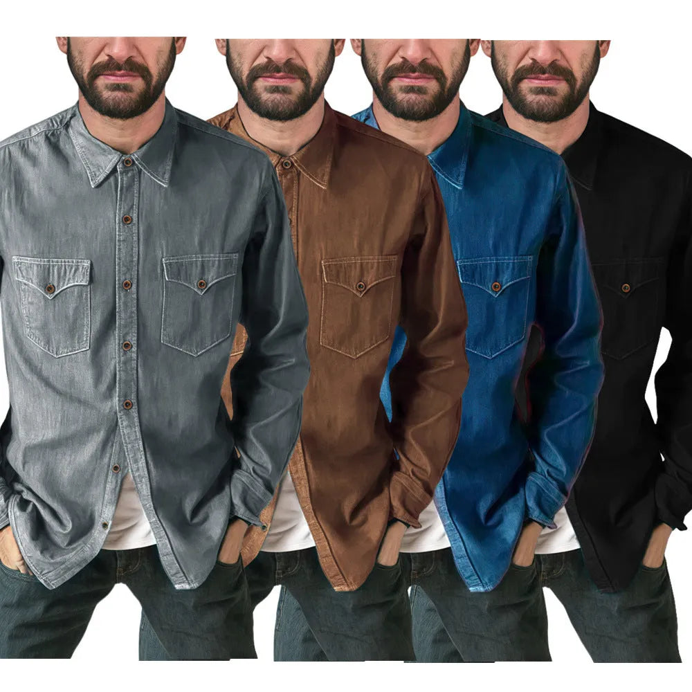 Men's regular fit denim cardigan coat in khaki, black, blue, or grey with button front.
