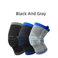 Cotton knee pad with silicone shock absorber spring bar in grey and blue colour, shown from the side.