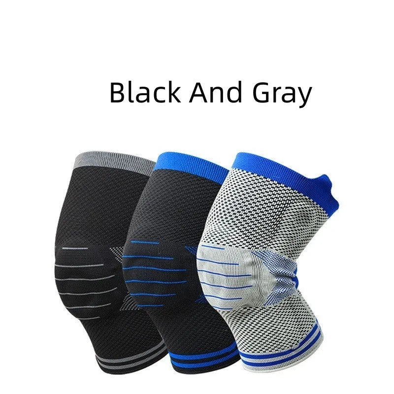Cotton knee pad with silicone shock absorber spring bar in grey and blue colour, shown from the side.