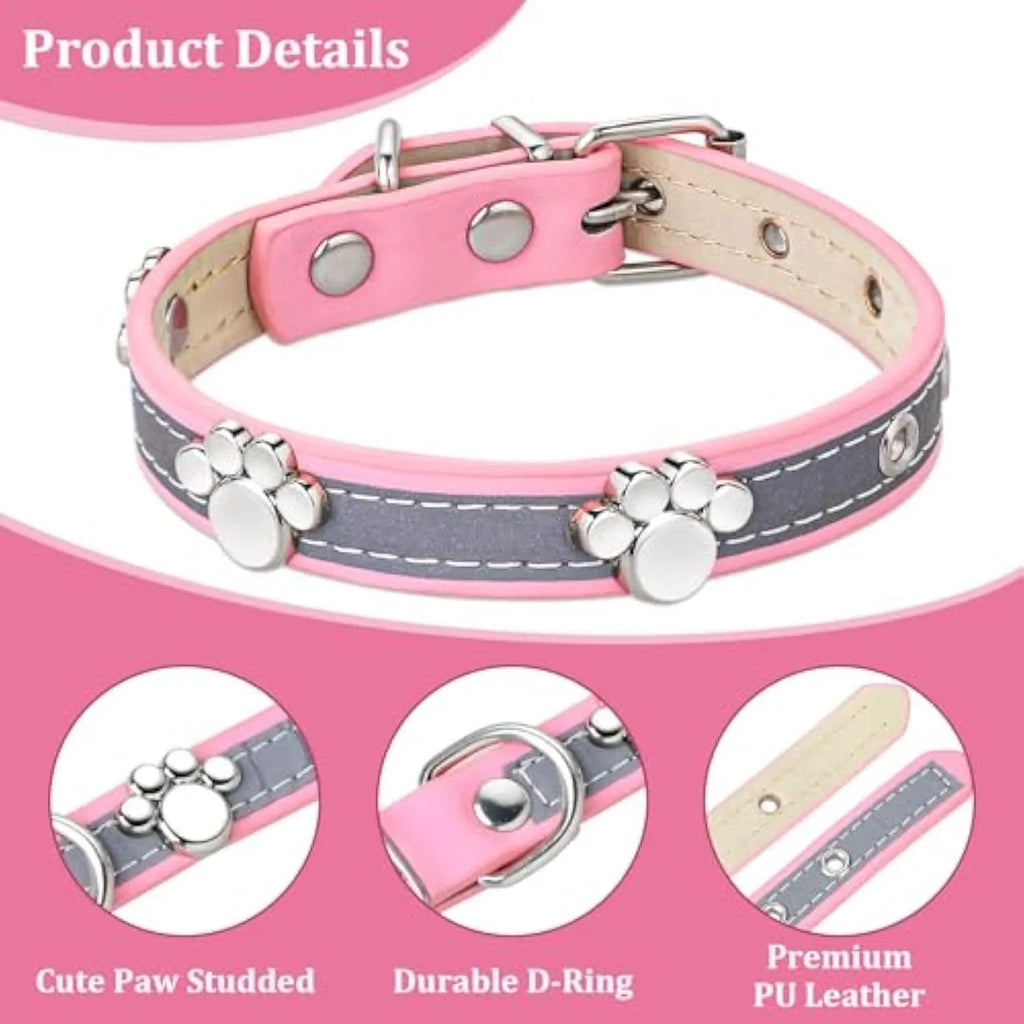 Reflective adjustable PU leather dog collar with metal paw rivet, shown in size L for medium dogs.