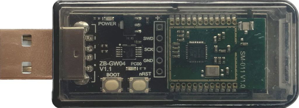 Silicon Labs EFR32MG21 Zigbee USB Dongle in plastic housing for smart home networks.