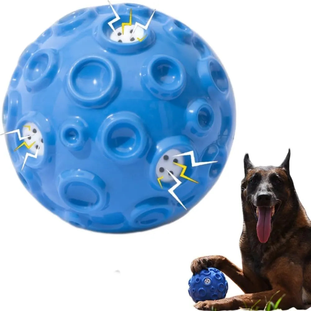 Colourful rubber dog chew ball with textured surface and squeaky sound mechanism