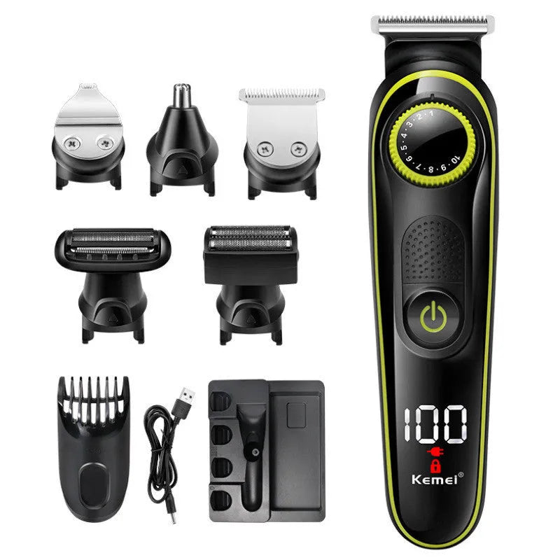 Black household rechargeable electric hair clipper set with automatic grinding head