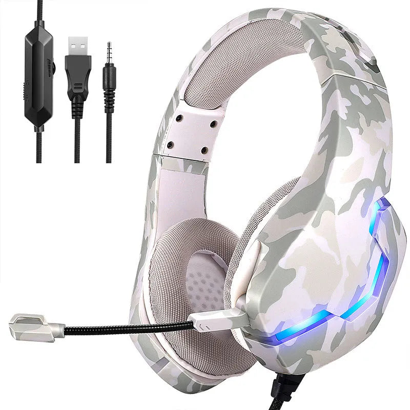 Wired camouflage gaming headset with braided cable and included adapter for PC, PS4, and mobile.