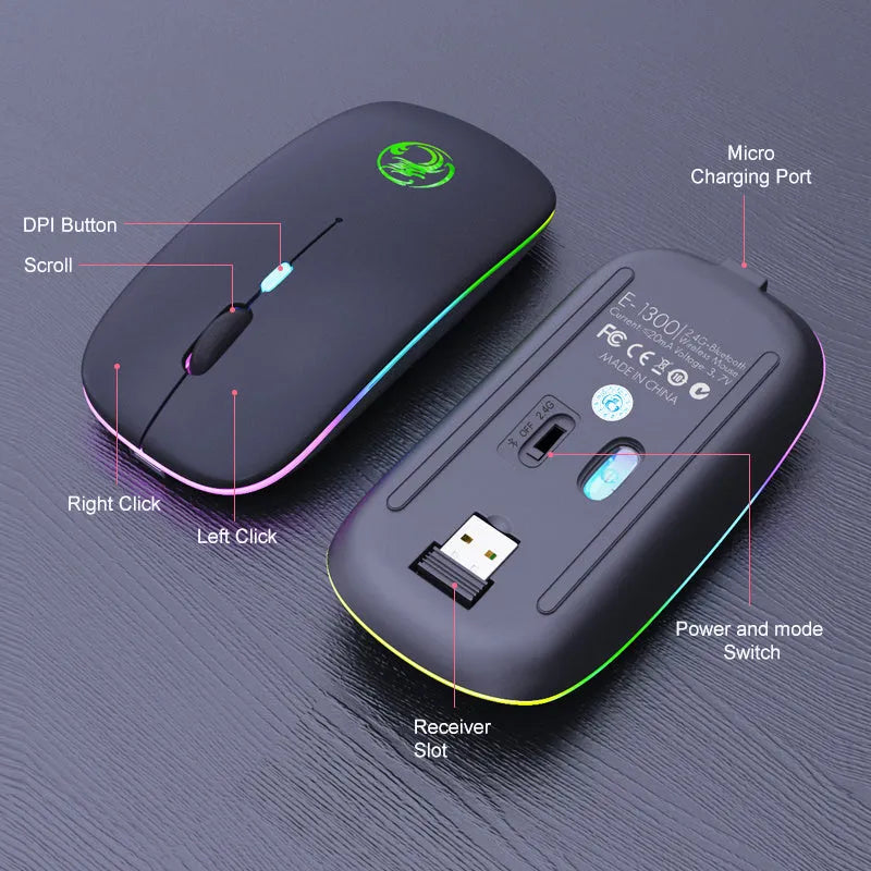 Black wireless mouse with silent buttons, Bluetooth logo, and charging port showing blue illumination
