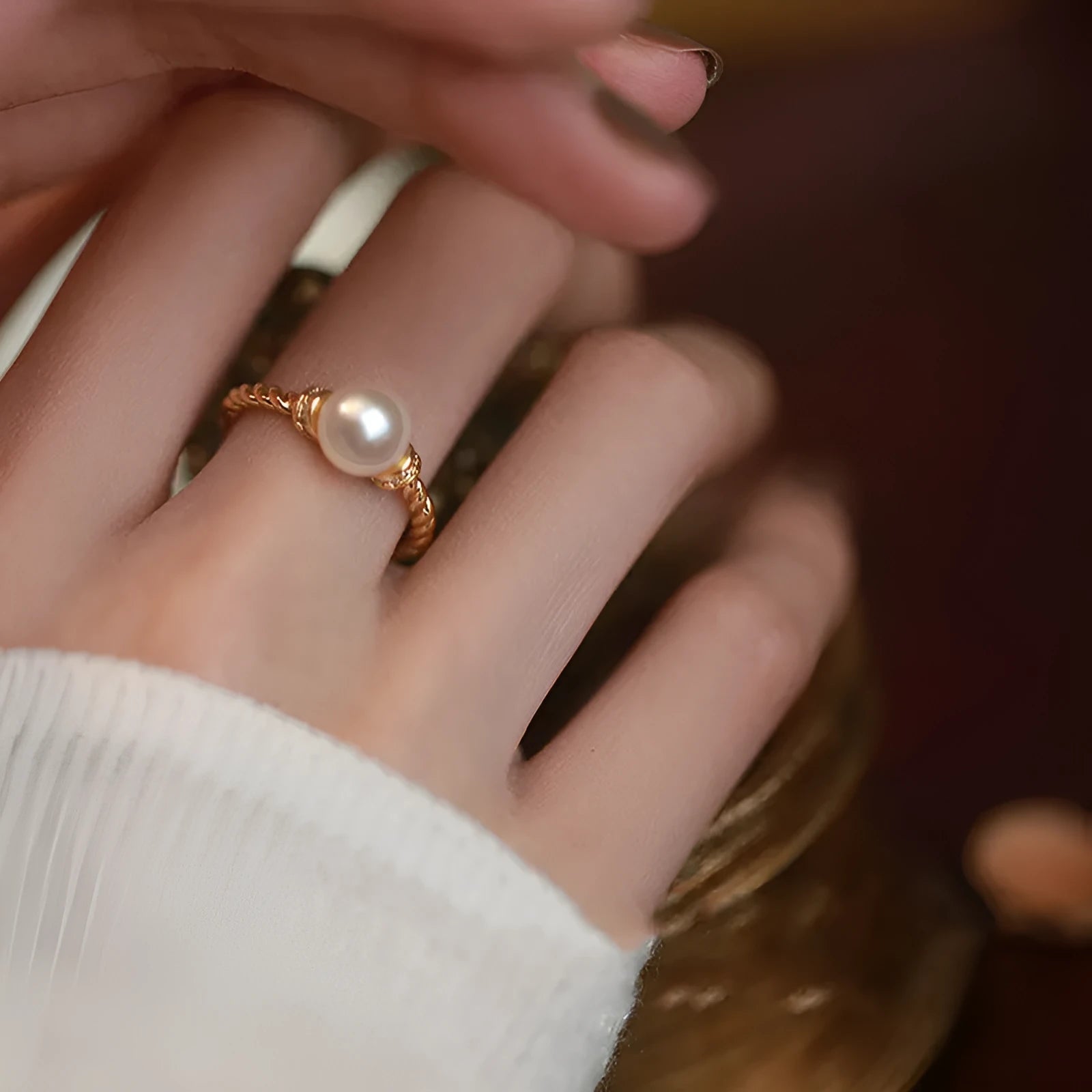 Adjustable copper ring with geometric pearl inlay in antique twist design