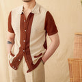 Hollow cotton linen lapel short sleeve cardigan knitted top in beige and chocolate colours on white background