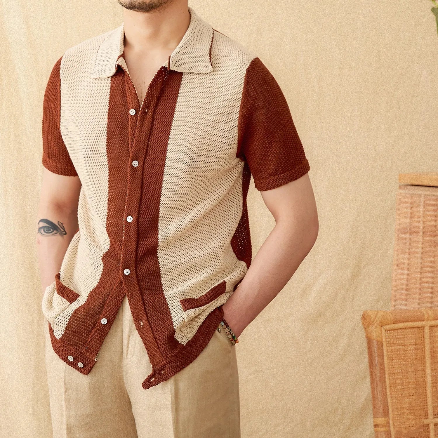 Hollow cotton linen lapel short sleeve cardigan knitted top in beige and chocolate colours on white background