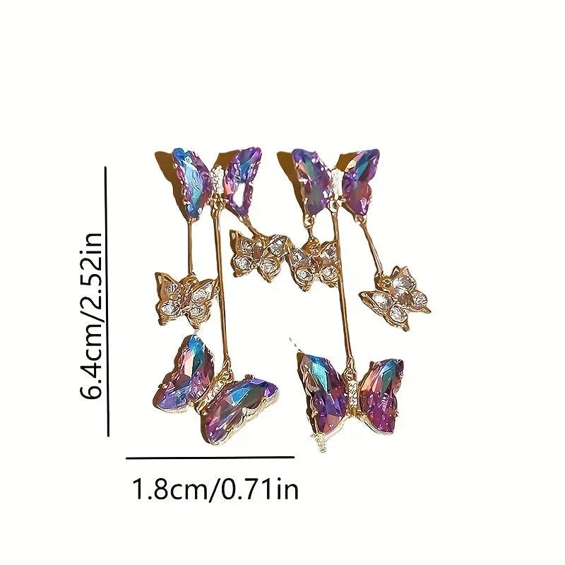 Electroplated blue purple butterfly tassel earrings with silver needle crystal flowers for women.
