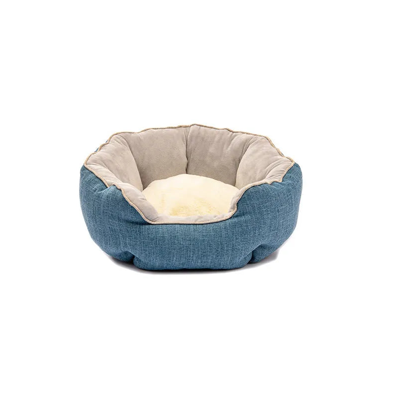 Warm winter pet bed octagonal shape with wool point design and removable mats in blue for cats and small dogs