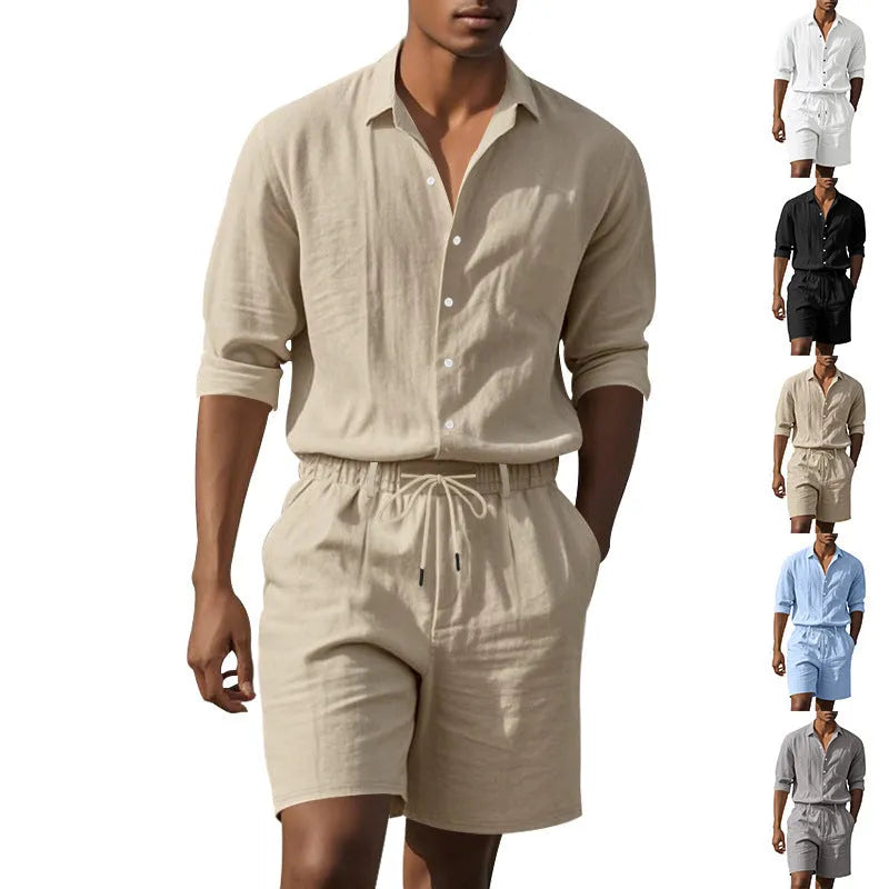 Linen long sleeve shirt and shorts beach suit in khaki on model