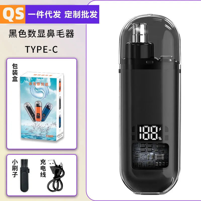 Rechargeable unisex nose hair cleaner with digital display and removable cutter head, ABS body, black colour option
