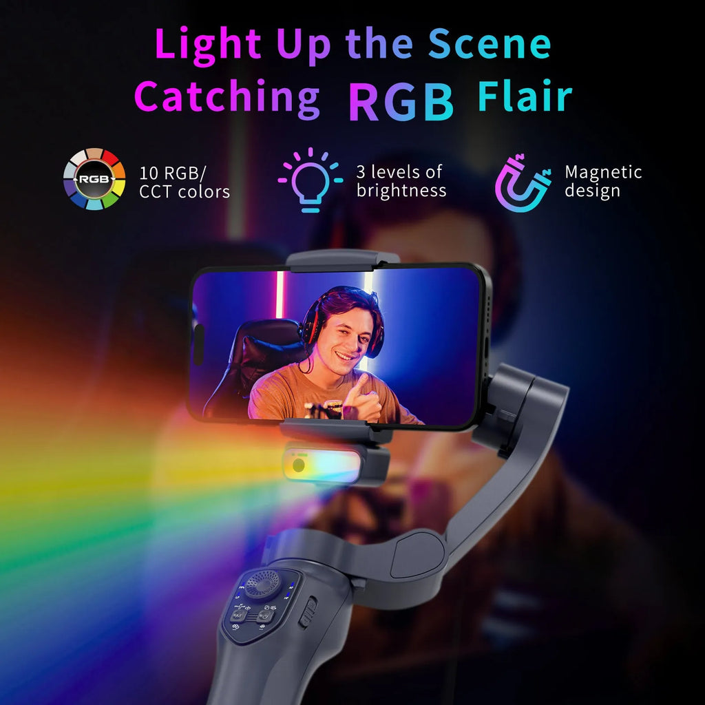 RK series foldable handheld smartphone video stabiliser in L7Cpro gun colour on a table.