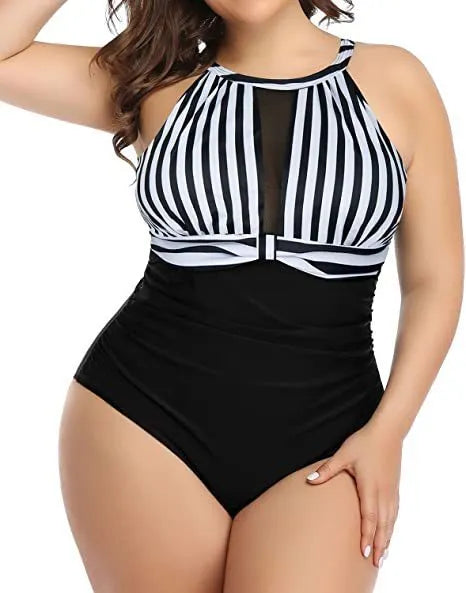 Women's black polyester lace one-piece swimsuit on a hanger, with stripes and red flower pattern options shown.