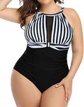 Women's black polyester lace one-piece swimsuit on a hanger, with stripes and red flower pattern options shown.