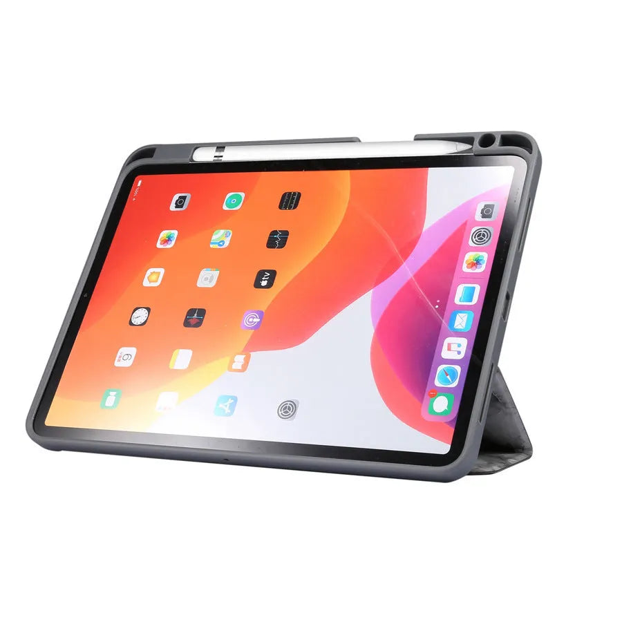 Tri-fold marbling pattern iPad case with pen slot in dark grey, creamy white, purple, blue, or pink colours