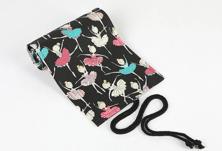 Canvas rolling pencil case with ballet girl print showing multiple pencil capacity options