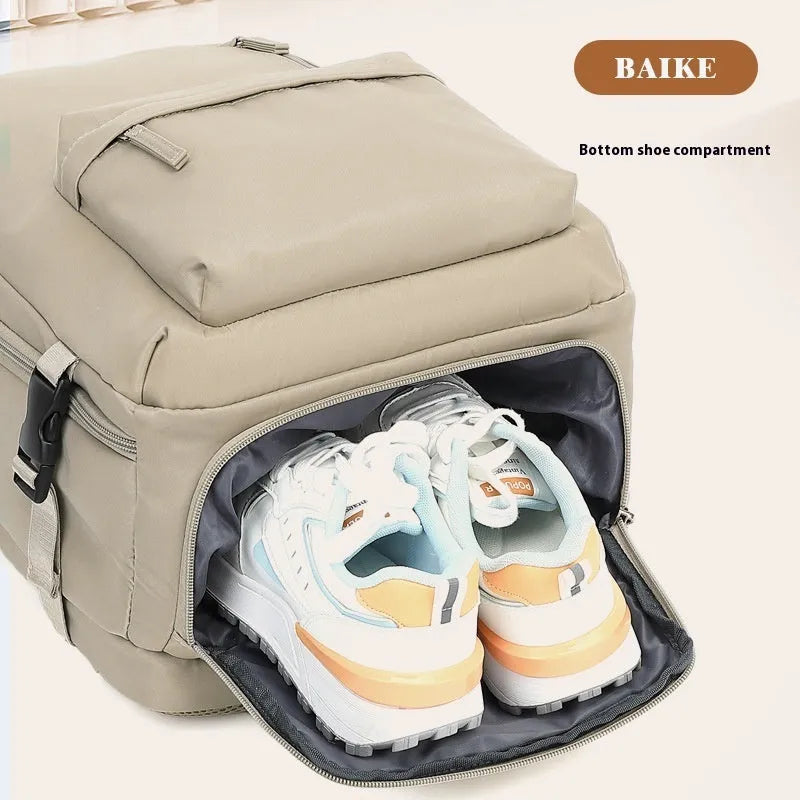 Front view of large capacity waterproof Oxford cloth backpack in solid colour with curved shoulder strap