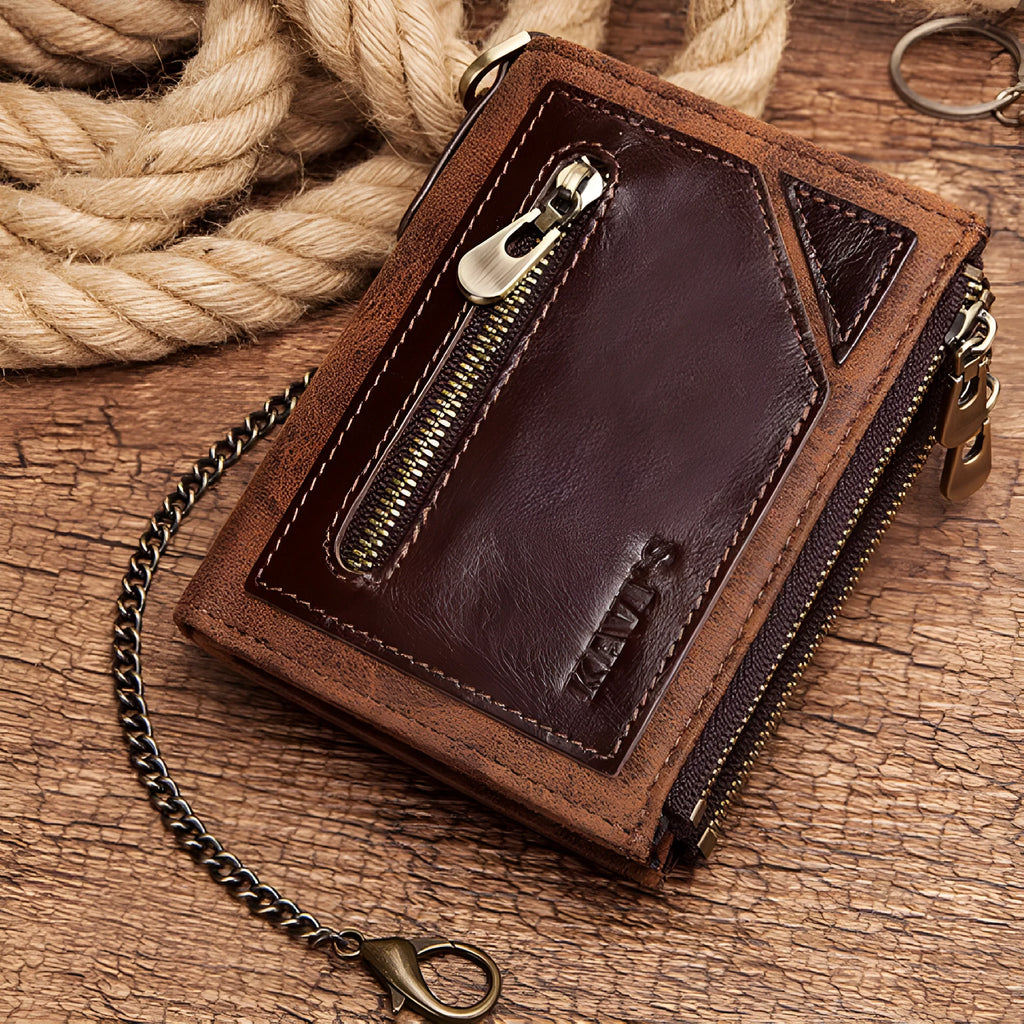 Men's anti-theft RFID blocking genuine leather wallet in dark brown with chain detail