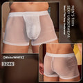 Men's black and white ultra-thin nylon boxer briefs laid flat showing low-rise waistband and leg openings.