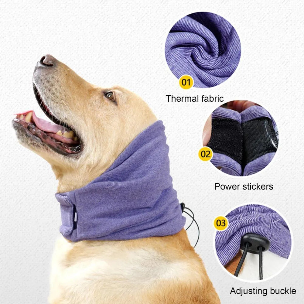 Black noise reduction dog hoodie covering ears and head, polyester fabric, used for calming anxiety and feeding hygiene