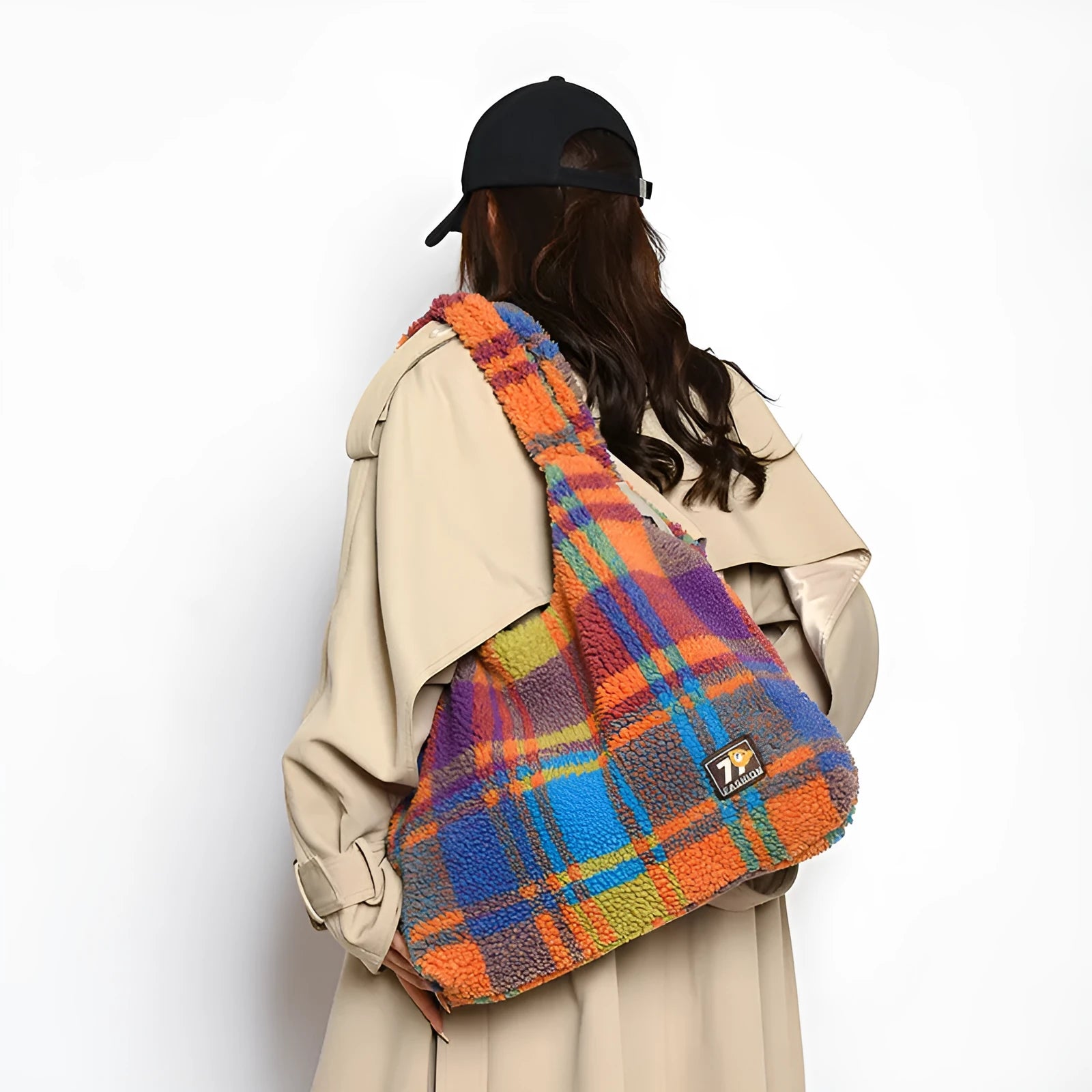 Women's plaid shoulder crossbody tote bag in Army Green colour showing soft plush material and underarm strap design