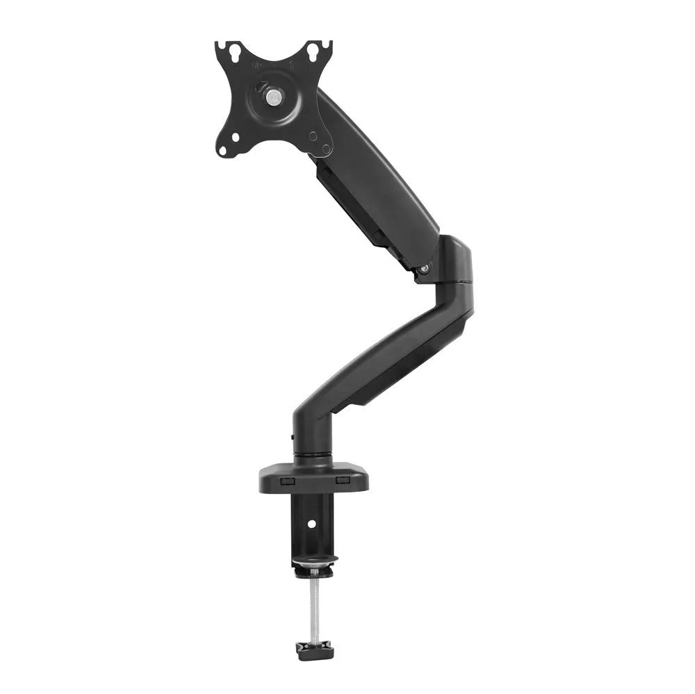 Black rotating telescopic LCD screen bracket on a desk showing height adjustment
